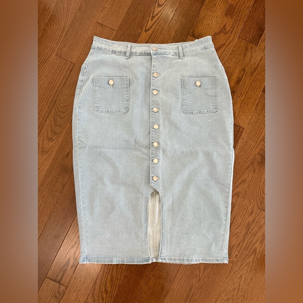 Denim Button-Front Midi Skirt
